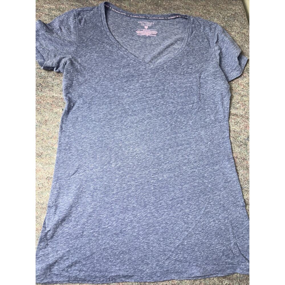 Victorias Secret Pink Womens Shirt Size L Blue V Neck Logo Pullover Pocket Short